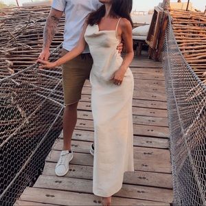 Nude long over the shoulder dress